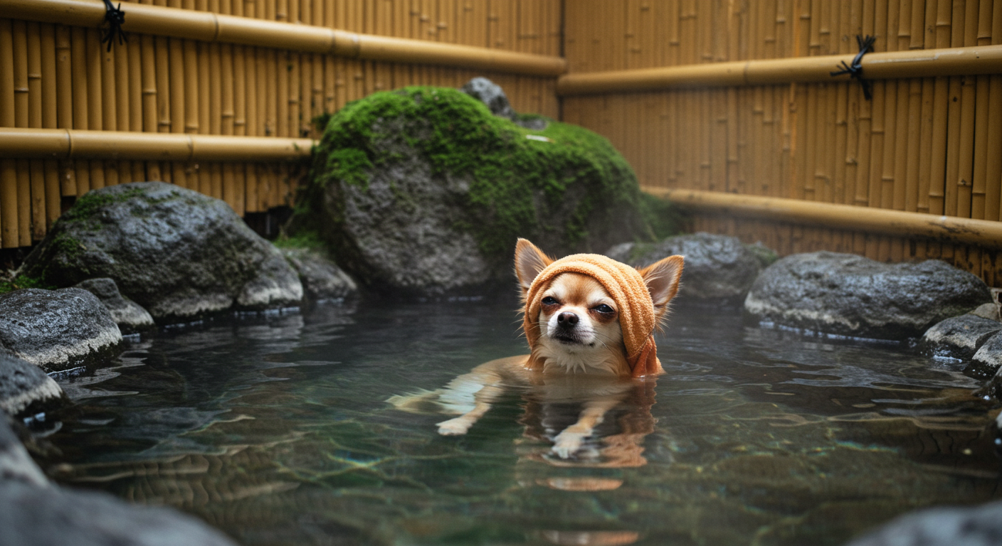 貸切露天風呂でくつろぐチワワ