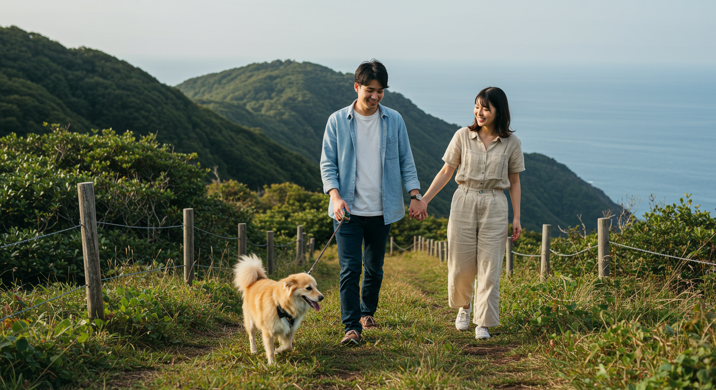 伊豆の高原で愛犬と散歩するカップル