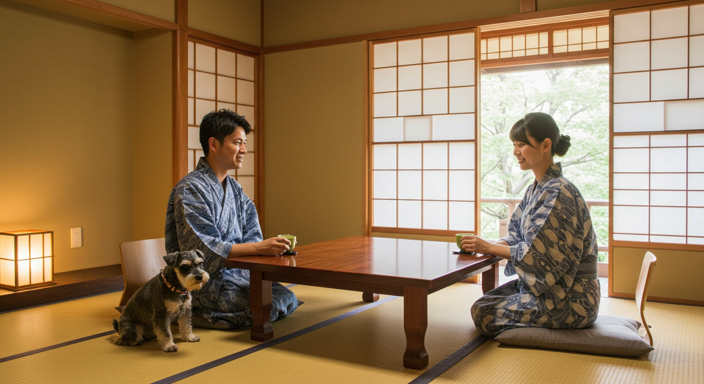 浴衣姿の日本人カップルとシュナウザー