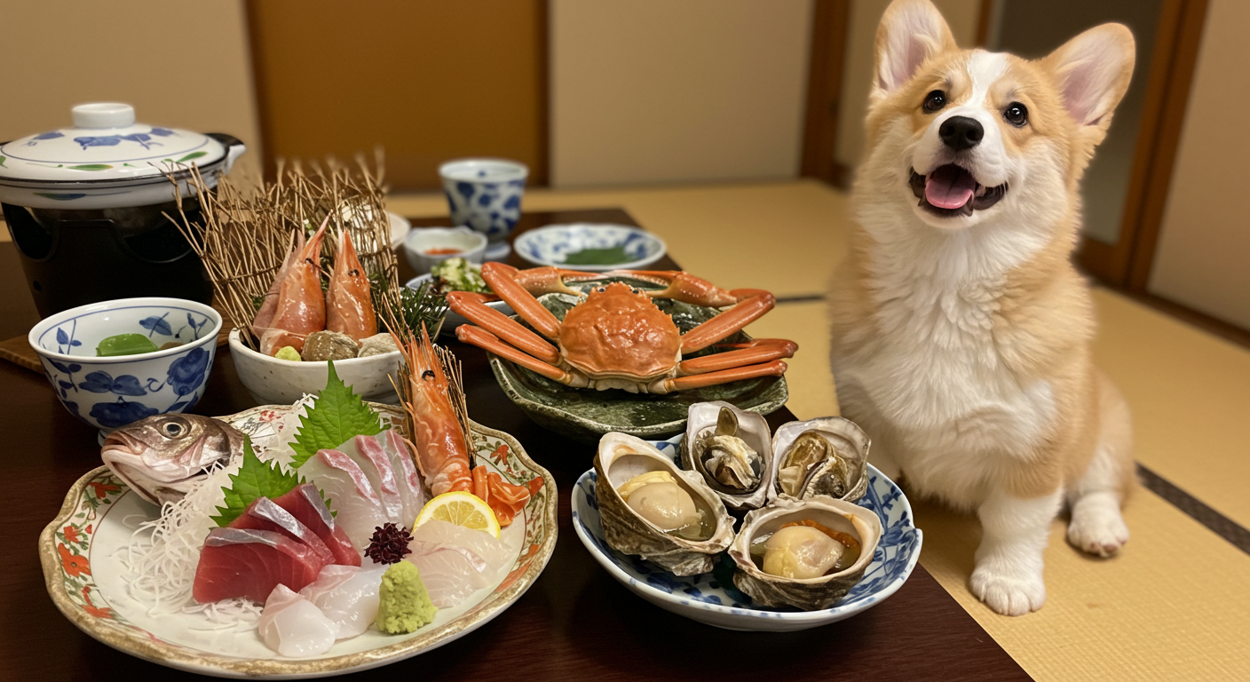 豪華な料理とコーギー