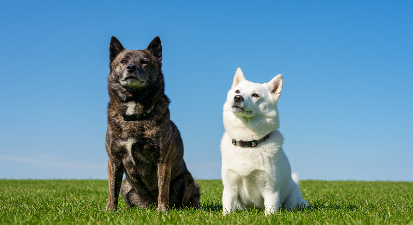 首をかしげる甲斐犬と紀州犬