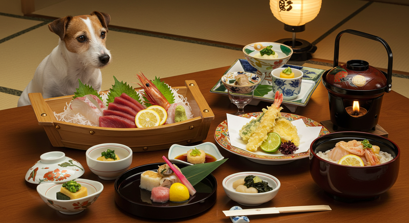 豪華な料理とジャックラッセルテリア