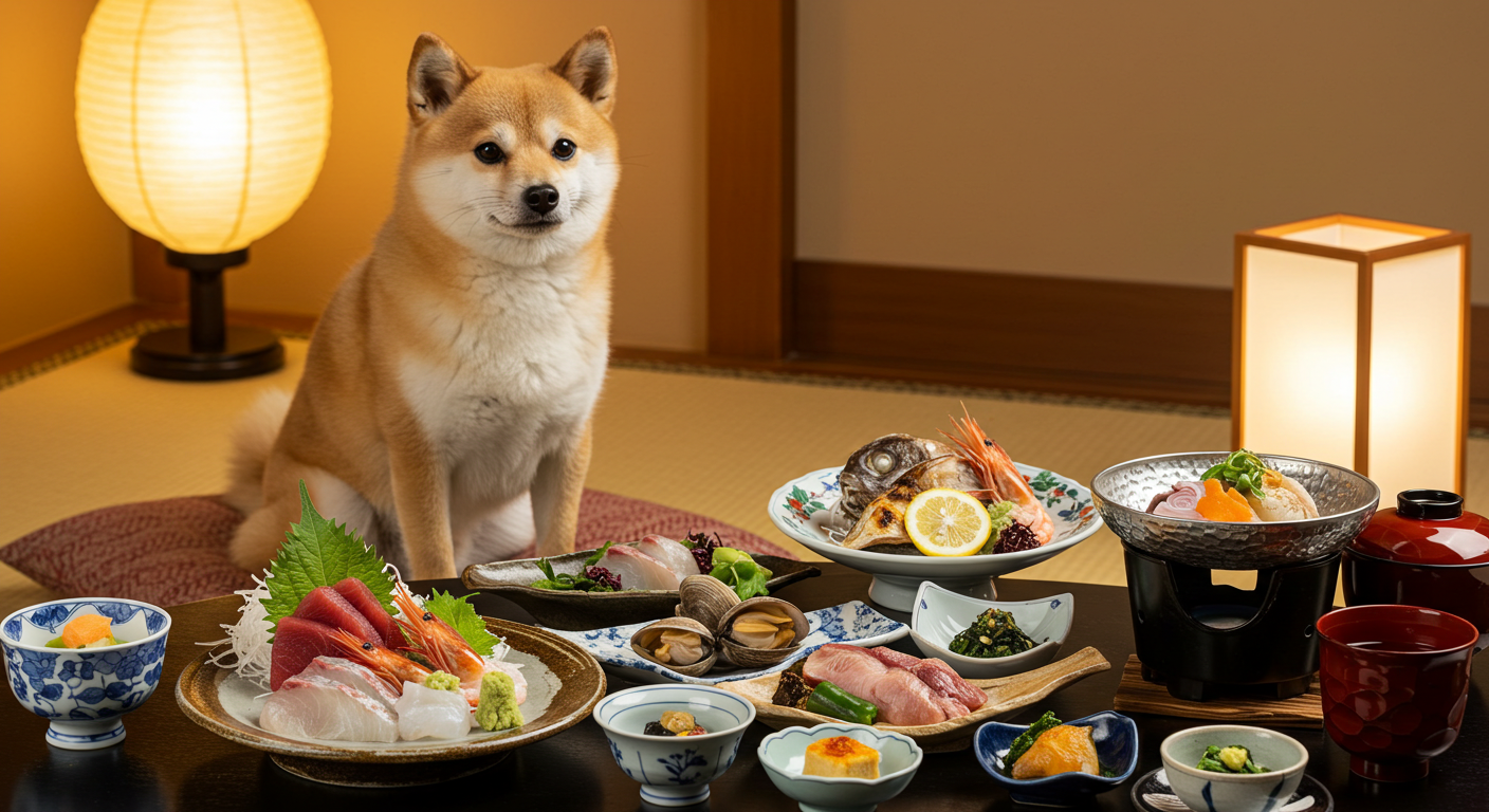 豪華な海の幸と柴犬