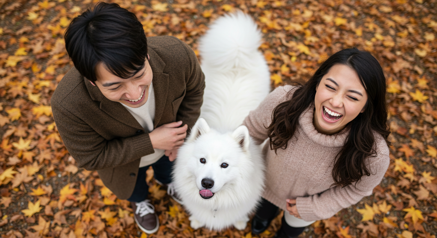 紅葉の中上を見上げるカップルとサモエド