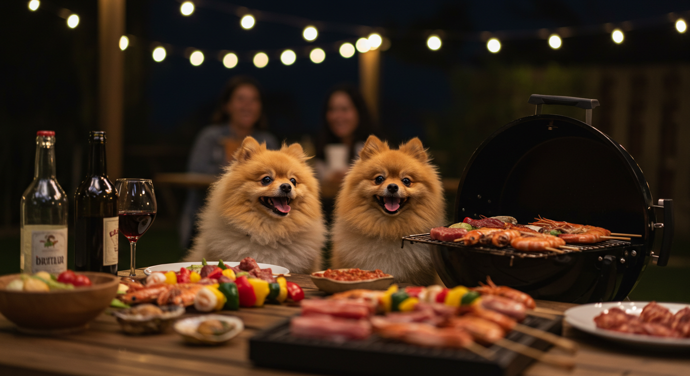 BBQに喜ぶポメラニアン