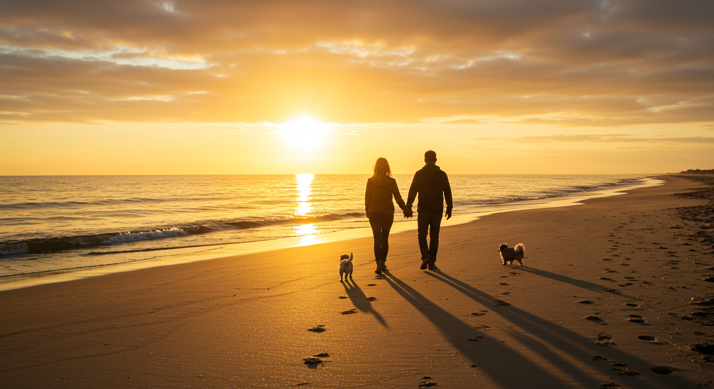 朝日がさす中愛犬と海岸を散歩するカップル